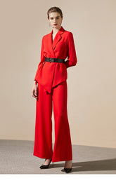 Red Wide Leg Belt Pant Suit - FashionByTeresa